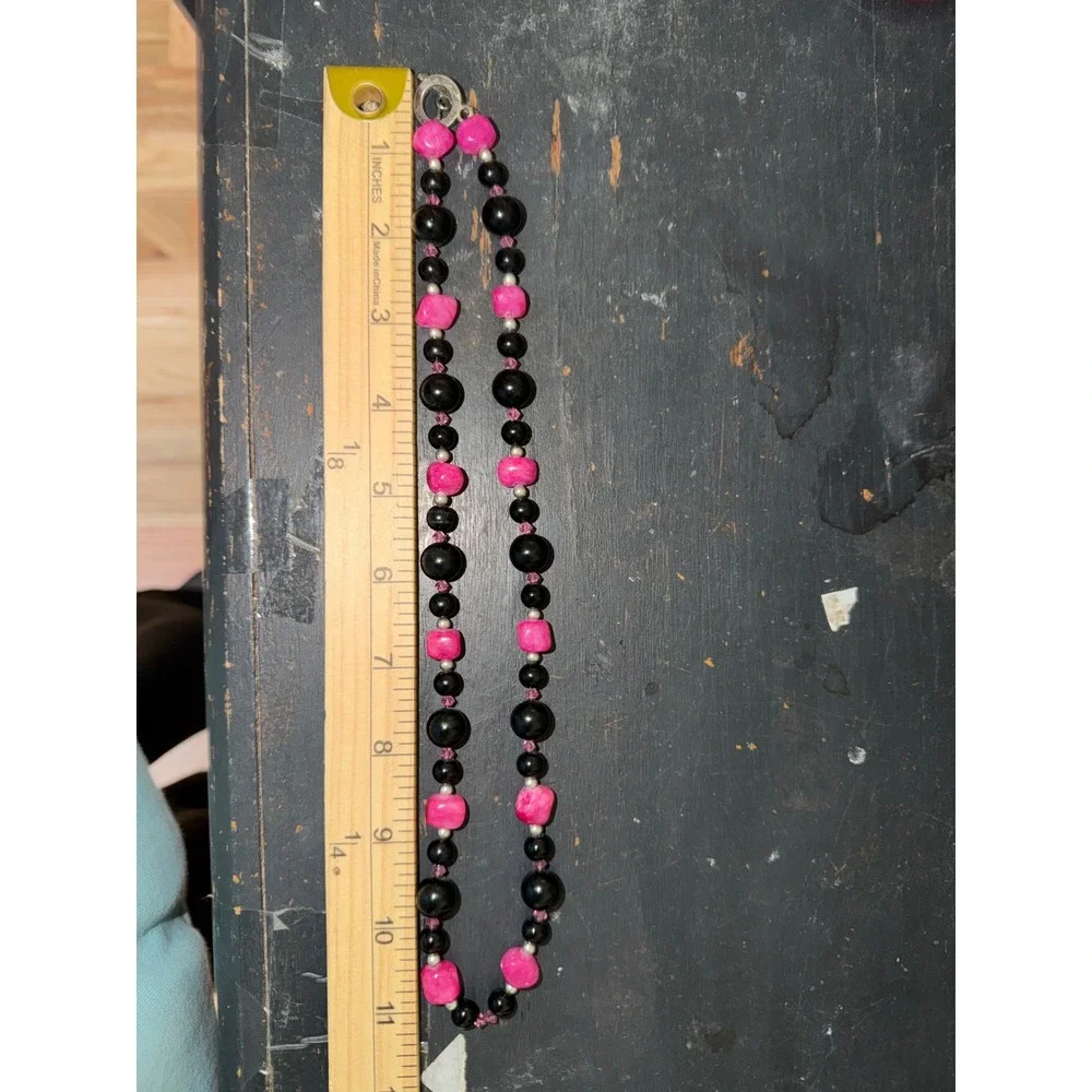 Pink Black Beaded Statement Necklace Silver Tone Toggle Clasp‎ Y2k